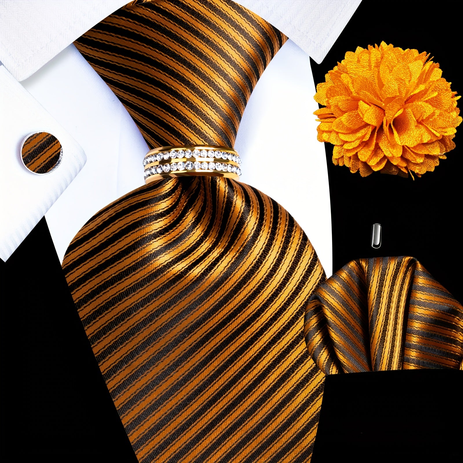 5pcs Set Men's Luxury Wedding & Business Accessory Kit - 2400-Thread Count Necktie, Pocket Square, Cufflinks, Lapel Pin & Tie Ring Set for Groom, Prom, Parties - Elegant Gift for Professional or Special Occasions (Complete Matching Set)