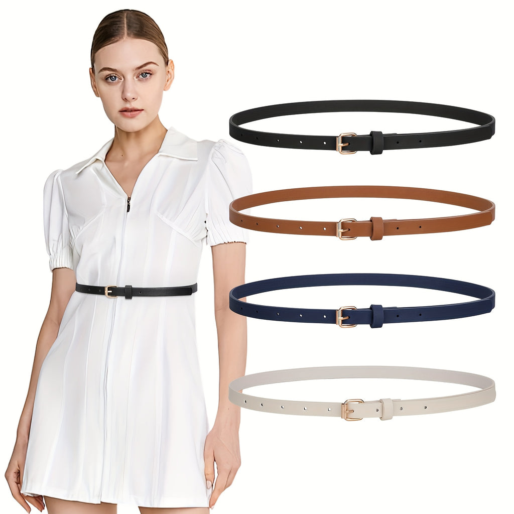4pcs Tight Fitting Women'S Fashionable Sweet Dress with PU Belt, Jeans, Slim Waist Belt