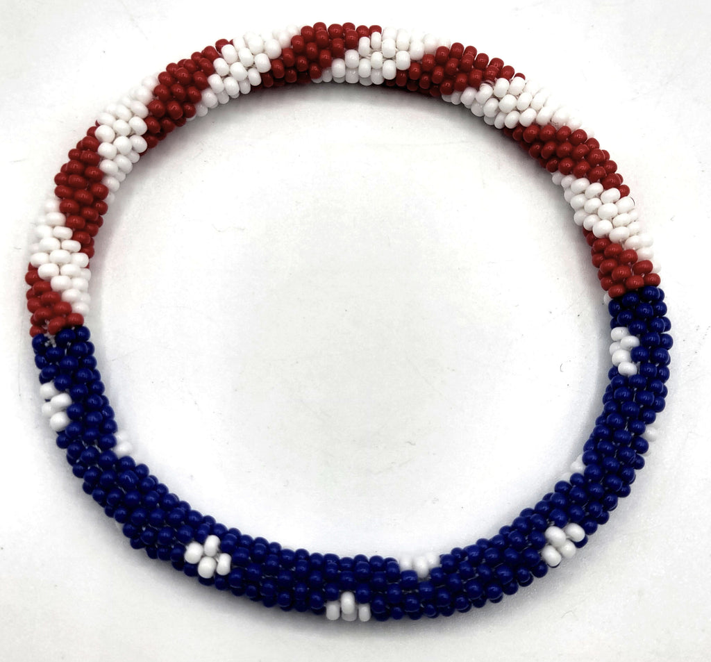 Set of 2 Handmade USA Flag Patriotic Color Design Bracelet Jewelry From Nepal – Glass Beaded Roll-On Crochet Bracelets for Men & Women, Boho Hippie Style, Artisan-Roll-On Bangles, Great Gift for USA Lovers Vacation Style Nepal Artisanship, Patriotic Wrist