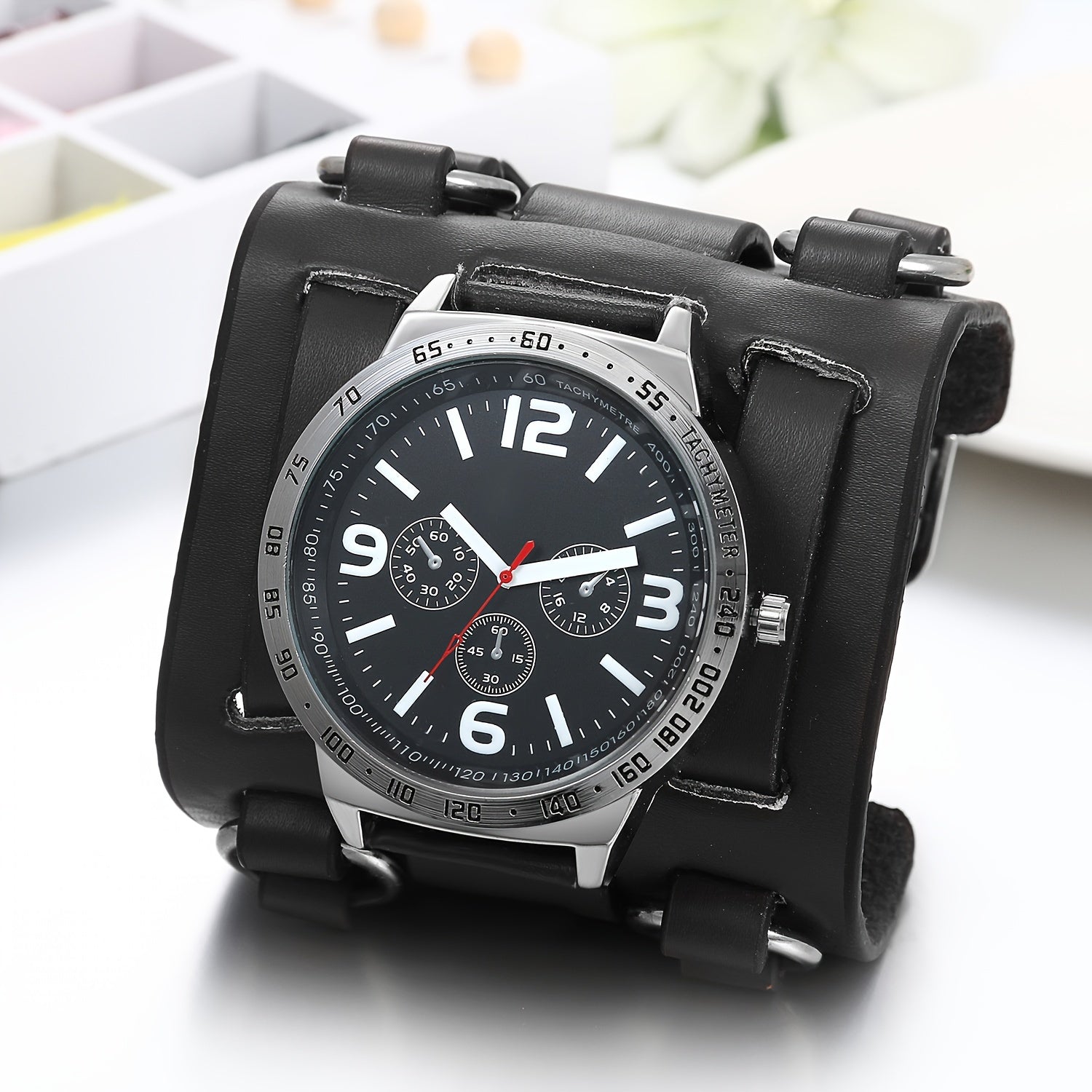 Hip Hop Punk Rock Style Analog Quartz Men's Watch, Europe And The United States Trend Personality Biker Wide Leather Watch, Three Eyes Decorative Dial, Halloween Christmas Birthday Gift