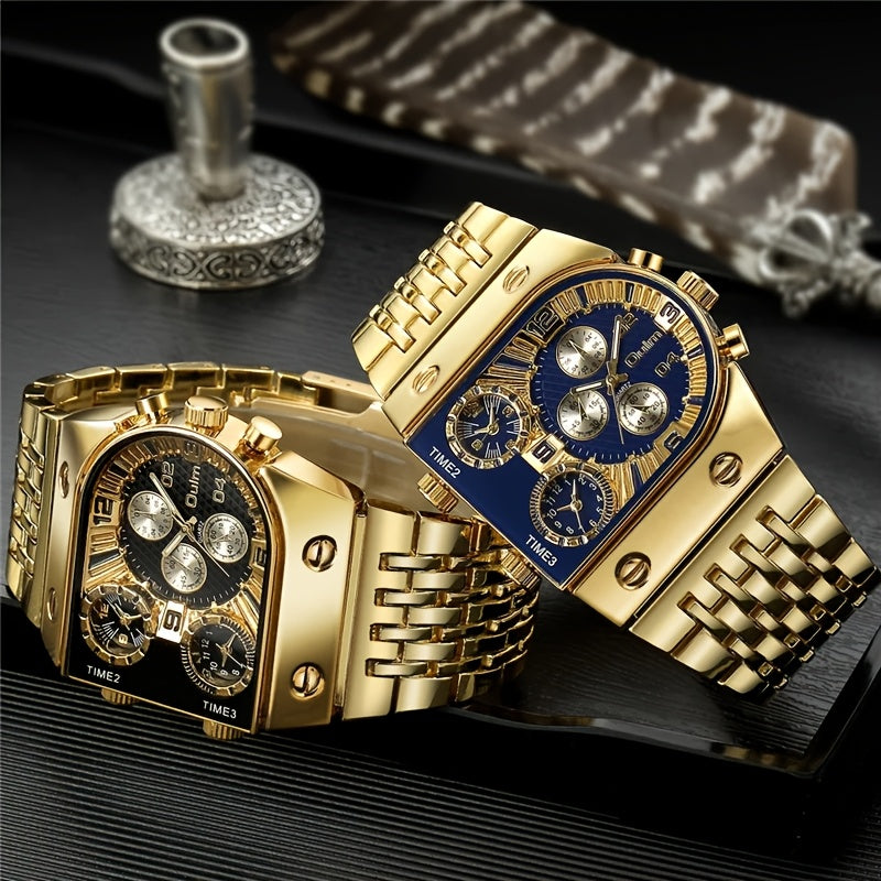 Opulent Men'S Golden Quartz Watch - Stylish Business Timekeeper Featuring Chronograph & Date Function, Alloy Band & Case, Powered by 36V Battery, Formal Attire Accessory | Refined Design | Roman Numeral Indicators