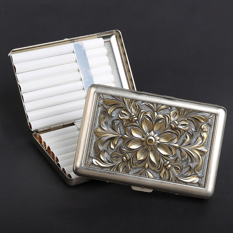 1pc case Metal double-open cigarette case can hold 16 cigarettes, retro Men's cigarette storage box Fashion accessories, holiday gifts, there will be deviations in the printing position., 2D Flat