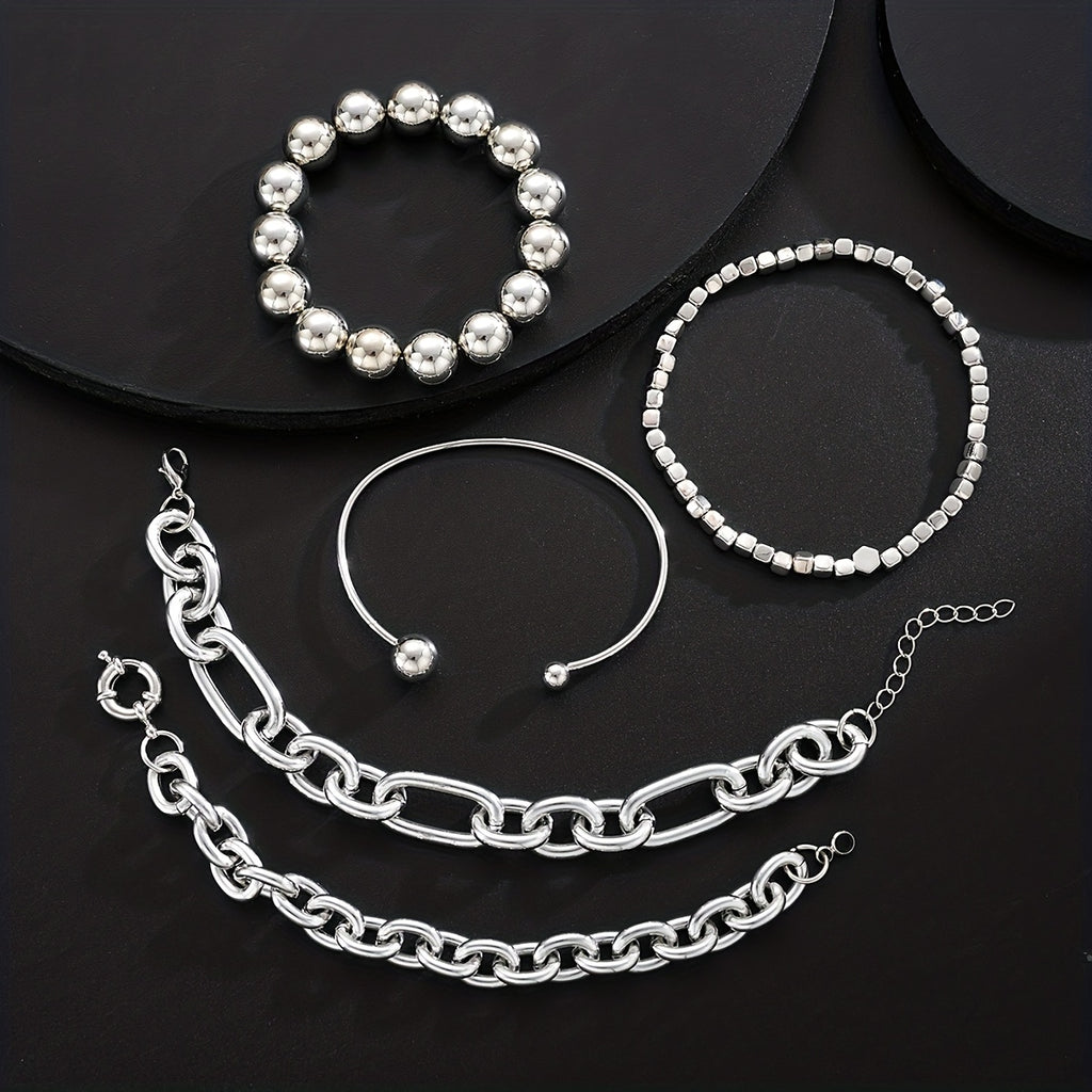 5pcs Women's Fashion Bracelet Set: Stylish, Minimalist, Exaggerated, High-End Round Bead, Square, and Bold Chain Bracelets for Women, Perfect for Daily Wear, Vacation, Dates, Parties, Gifts, Holidays, Birthdays, Travel, Mother, Girlfriend, Friend, Or