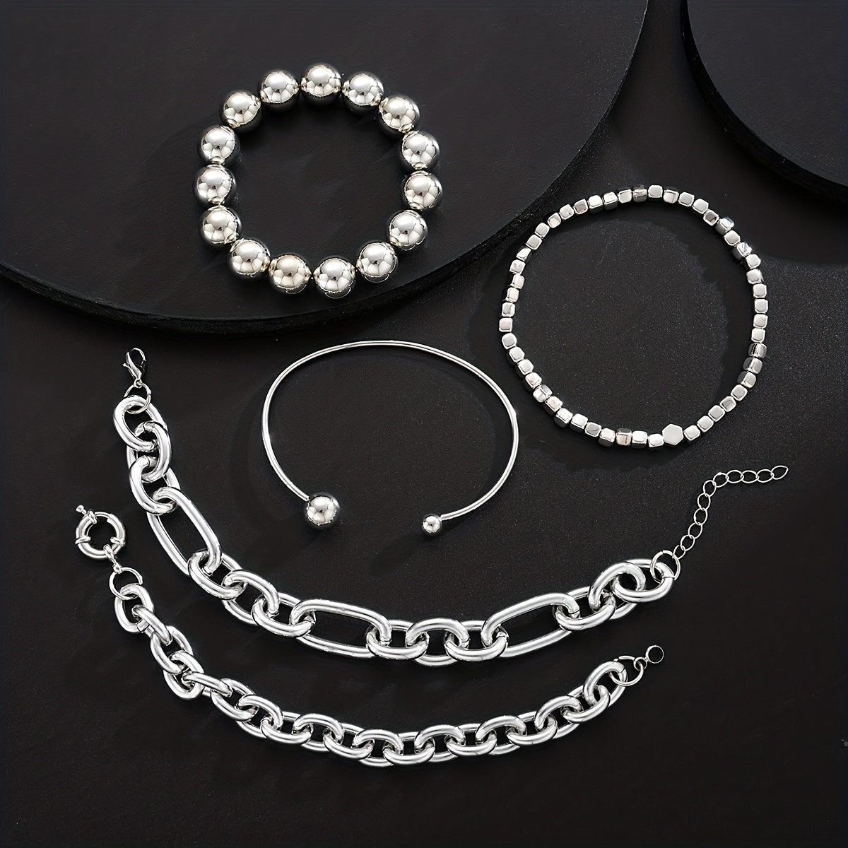 5pcs Women's Fashion Bracelet Set: Stylish, Minimalist, Exaggerated, High-End Round Bead, Square, and Bold Chain Bracelets for Women, Perfect for Daily Wear, Vacation, Dates, Parties, Gifts, Holidays, Birthdays, Travel, Mother, Girlfriend, Friend, Or