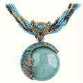 Turquoise Rhinestone Twist Woven Rope Chain Pendant - Vintage Bohemian Style Collar Necklace - Women Lady Retro Fashion Jewelry
