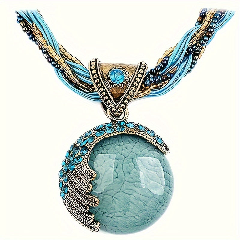 Turquoise Rhinestone Twist Woven Rope Chain Pendant - Vintage Bohemian Style Collar Necklace - Women Lady Retro Fashion Jewelry