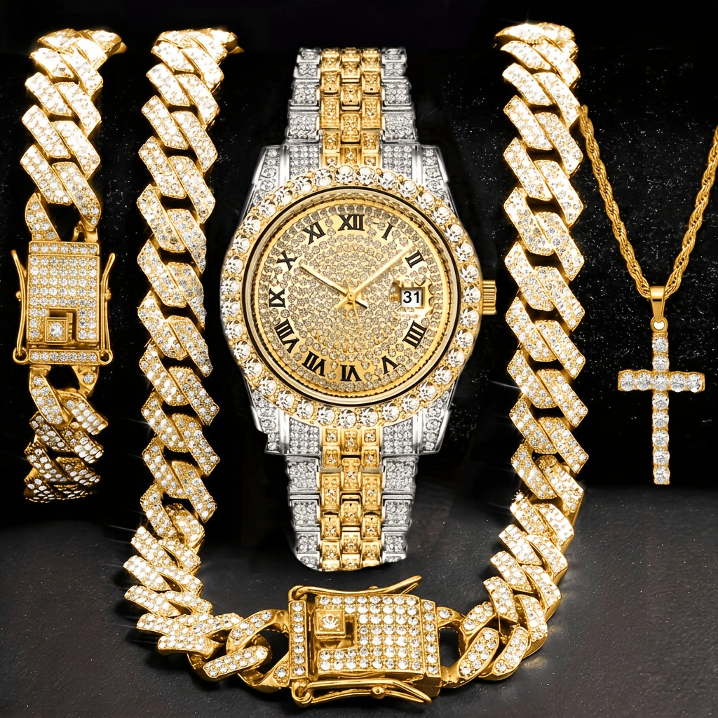 [Birthday Father's Day Wedding] 4pcs Quartz Men's Watches Set with 14Mm Cuban Chain Necklace And Bracelet, Cross Pendant Necklace, Luxury Golden-Tone Quartz Watch with Rhinestone Perfect Gift for Birthday, Father's Day, Wedding