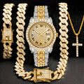 [Birthday Father's Day Wedding] 4pcs Quartz Men's Watches Set with 14Mm Cuban Chain Necklace And Bracelet, Cross Pendant Necklace, Luxury Golden-Tone Quartz Watch with Rhinestone Perfect Gift for Birthday, Father's Day, Wedding