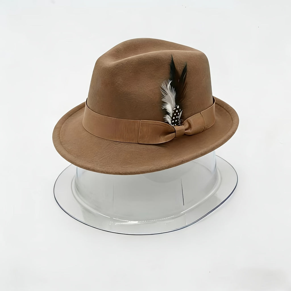 Flongo Classic Short-brimmed Felt and Feather Hat for Men and Women, Panama Hat