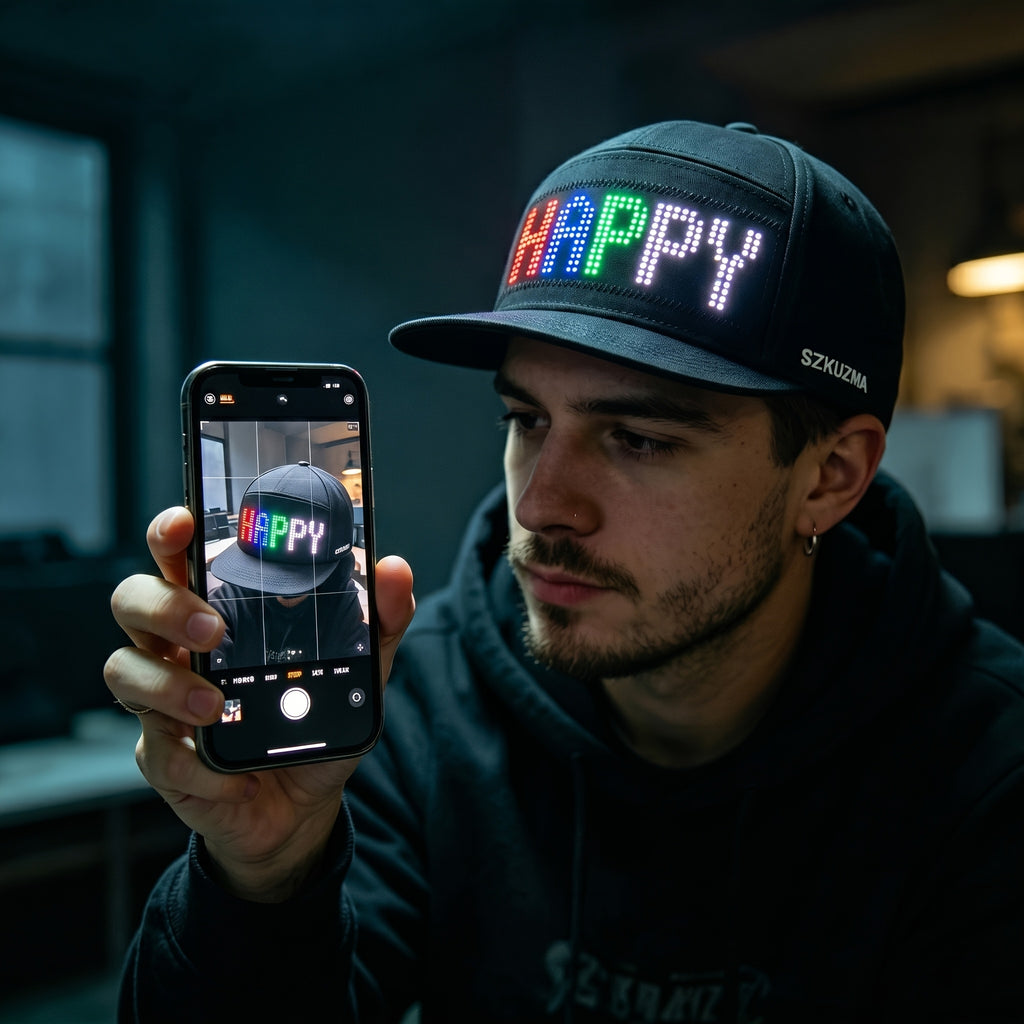 Programmable LED Light-Up Hat, Scrolling Text Display Cap, Rechargeable Baseball Cap, 12×48 Pixel Screen, Club Hat, Party Music Festival Night Run Youth Gift, Unisex Hats, Comfortable and Adjustable