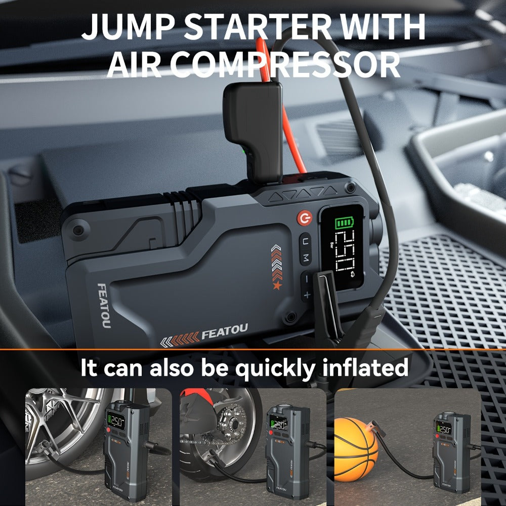 6000A Jump Starter with Air Compressor, 7in 1 Function Jump Box 150PSI Jump Starter Battery Pack with Digital Tire Inflator, Car Battery Charger Portable for 2.64gal Gas Or2.38gal Diesel Battery Charger, Car Jumper Starter Portable, 6000A& 8000A