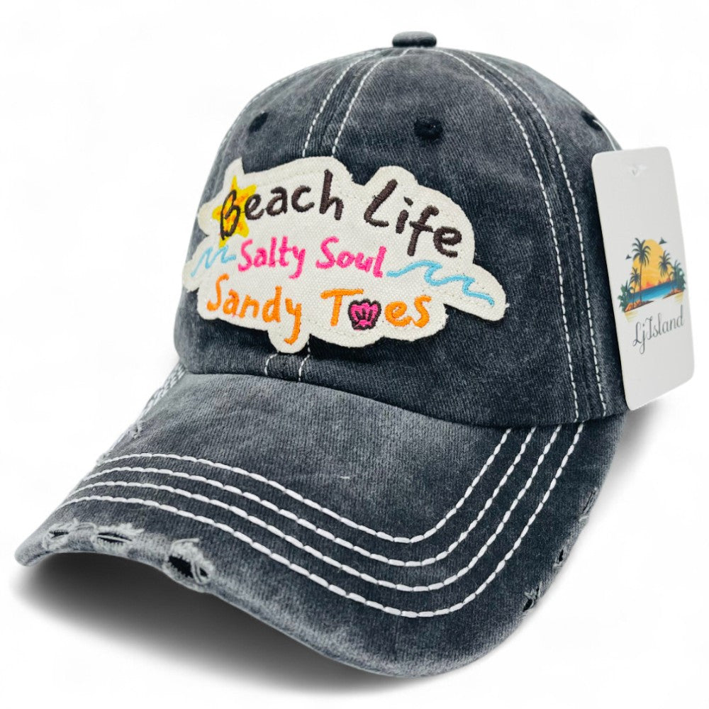 "Beach Life Salty Soul Sandy Toes" Baseball Cap-Local Artist Designed, Vintage, Distressed, Embroidered, 100% Cotton, UV Protection, Adjustable