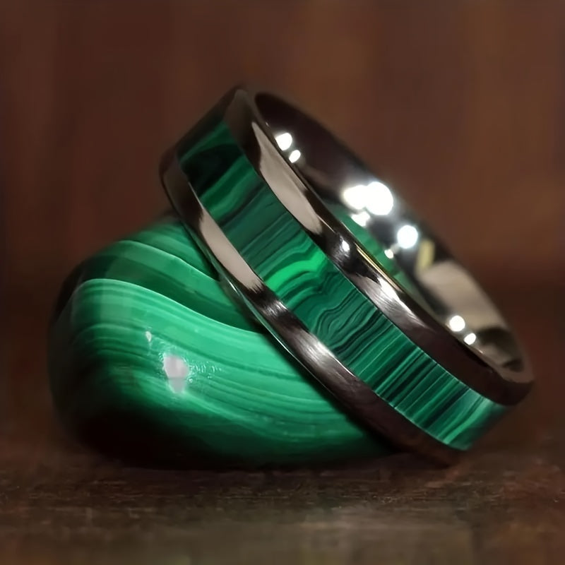 8MM Domineering Men's Artificial Anti Malachite Titanium Steel Ring, High Polished And Comfortable Men's Stainless Steel Ring