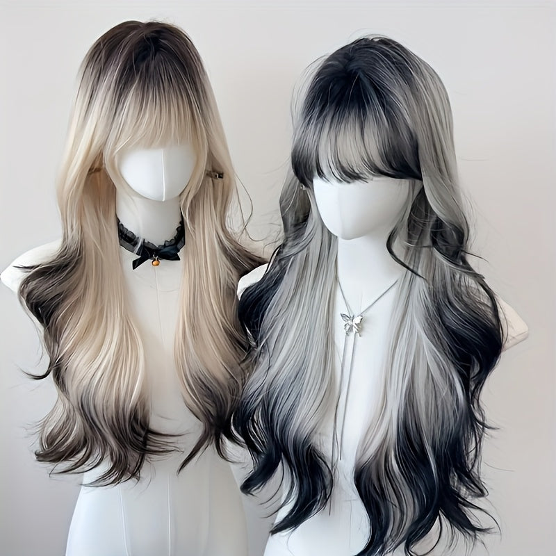 26-inch Women's Y2K Gradient Looking Wig with Bangs - Long Curly Waves ( to Ombre), Full Head Volume for Parties, Music Festivals & Daily Wear - European/American Style Hairpiece