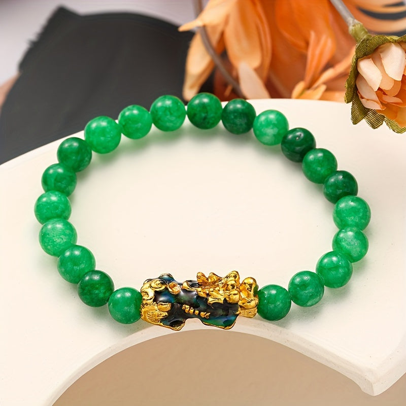 4pcs Handmade Natural Stone Pi Xiu Bracelets - Wealth Attracting Green Malachite Beads with Golden Accents, Traditional Chinese Jewelry for Good Luck & Prosperity, 8mm Beads + Free Storage Pouch, Bracelet Beads, Elegant Bead Design, Intricate Beadwork