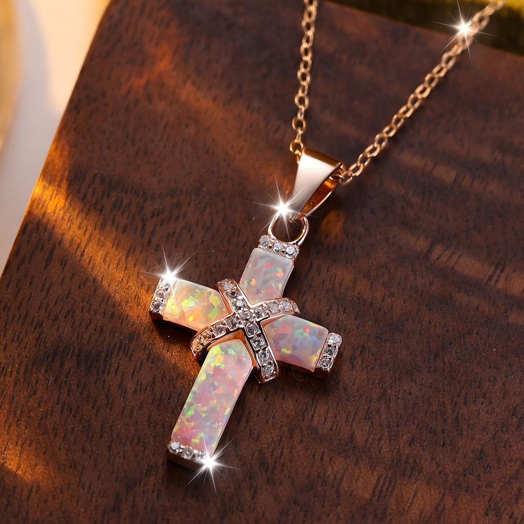 Silvery Exquisite Luxury White Synthetic Australian Synthetic Opal Cross Necklace for Women