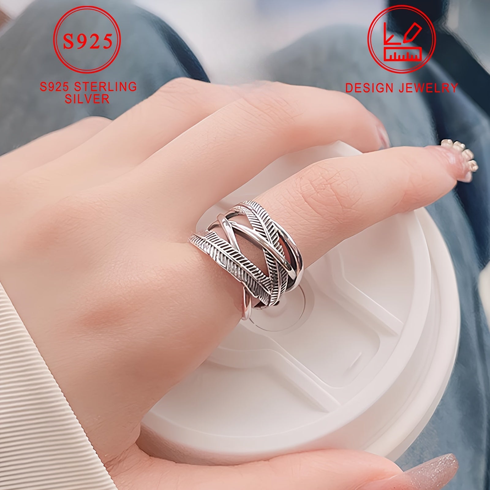 Vintage 925 Sterling Silver Feather Ring, Infinity Theme Cross Band Hip Hop Style, High-Quality Fashion Jewelry, Daily Wear & Gift-Giving