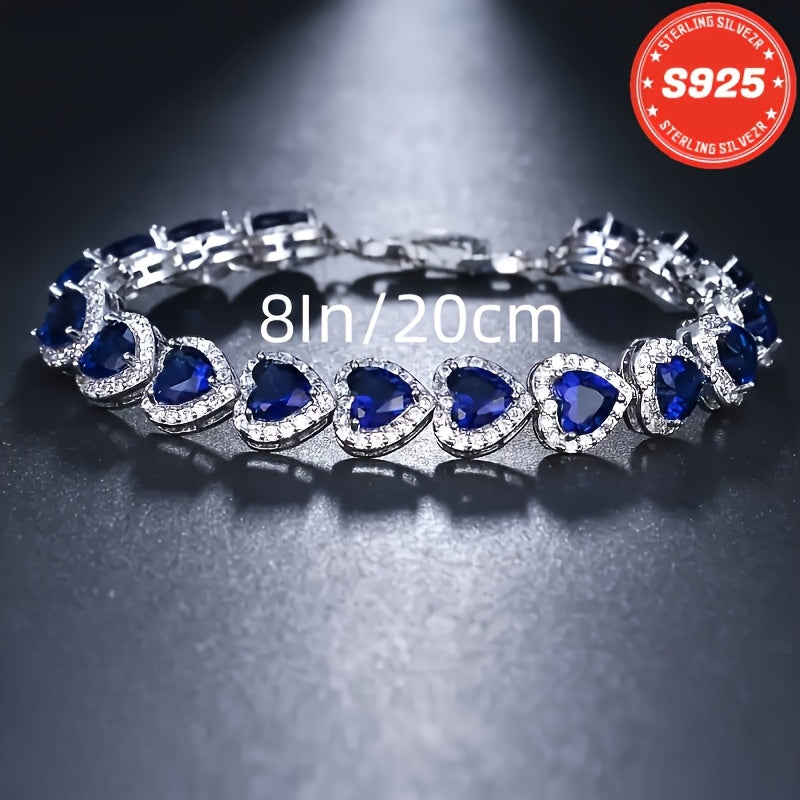 S925 Pure Silvery Fashionable And Exquisite- High-end Blue Heart-shaped Full-Moissanite Bracelet- Suitable For Giving To Sisters, Mothers, Anniversary, Christmas, Thanksgiving, Valentine'S Day, Total Weight Of The Product (4.11g)