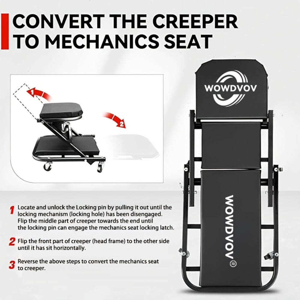 Auto Repair Bench with Roller Moving Tool Tray(Sold Separately), Wheel X Mechanical Climber 3-In-1/2-In-1 Z-Shaped Seat with 500 Pound Capacity, Foldable And Adjustable Rolling Garage Folding, Lying Down, Sitting And Leaning with 6 Wheel Rollers