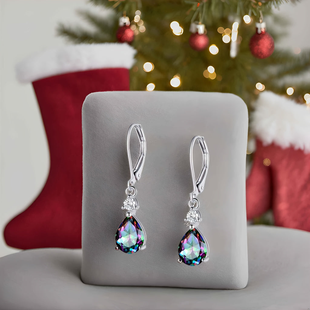 925 Sterling Silvery Created Rainbow Quartz CZ Teardrop Leverback Earrings Drop Dangly Gemstone Earings Hypoallergenic Birthday Jewelry Gifts for Women