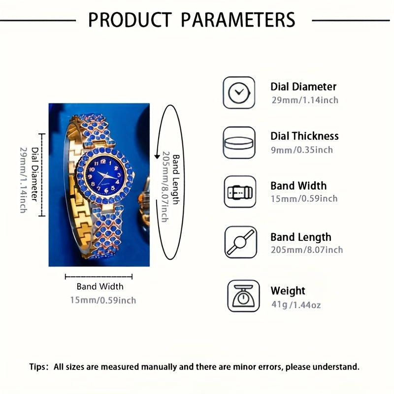 6pcs/Set Luxury Women's Watch And Fashion Jewelry Set, Elegant Blue Rhinestone Quartz Watch Fashion Timepiece Jewelry Set