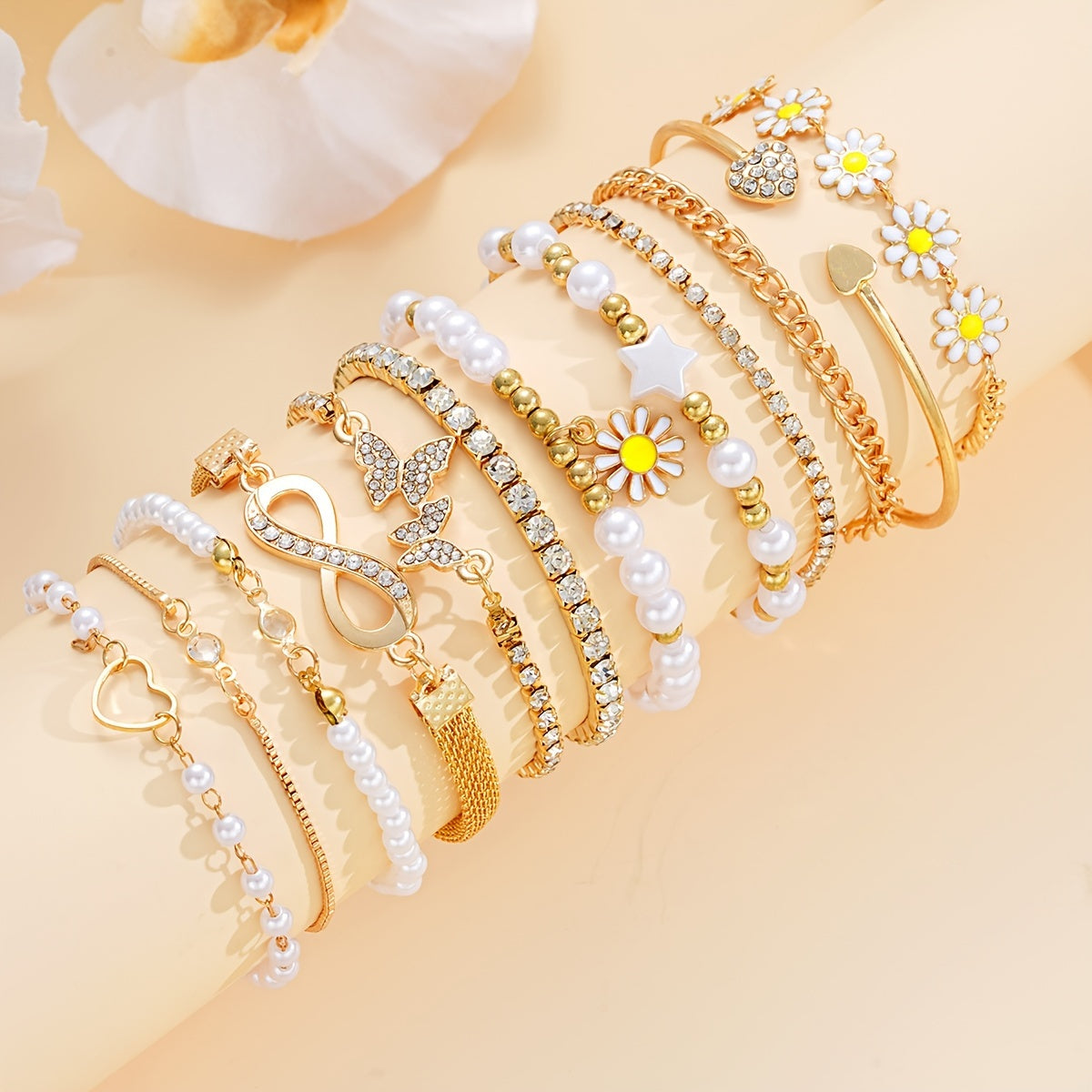 12pcs Chic Faux Pearl And Daisy Bracelet Set - Heart, Star, Butterfly Charms for Women | Perfect for Vacation, Daily Wear And Gifts