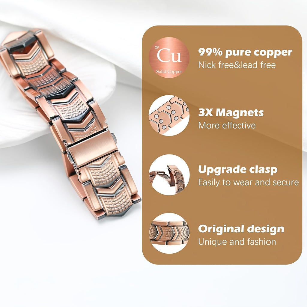 Men's 3X Strength Copper Magnetic Bracelet- 3800 GSM High Magnetic, Heavy Duty Copper Construction with Folding Clasp, Black& Golden Design, Comfort Fit for Gym, Everyday& Formal Wear- Magnetic Jewelry for Men, Durable& Stylish Accessory for Bl