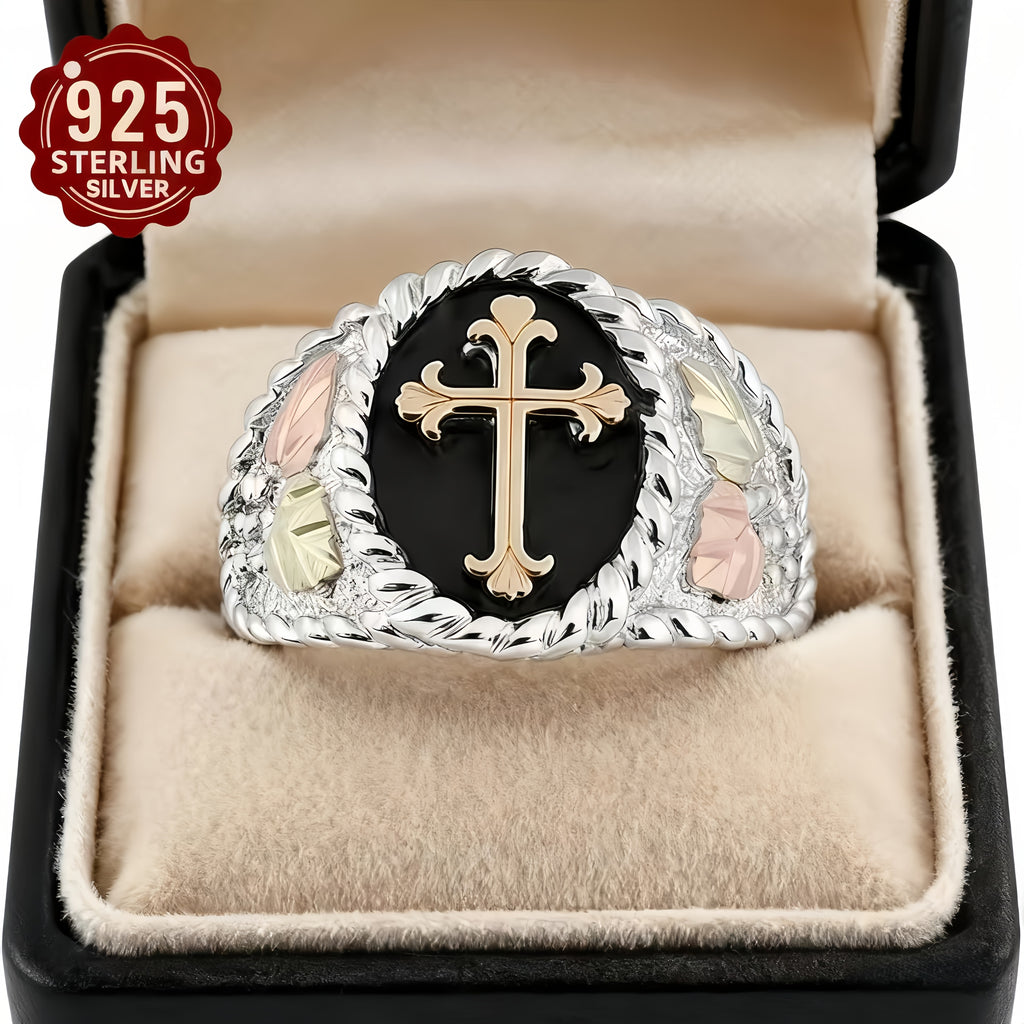 Elegant S925 925 Silver Leaf Cross Ring, Non-Fading, Hypoallergenic, Neutral Retro Punk Hip-Hop Gothic Style Accessory with Religious Symbol Theme, Suitable for Daily Wear And Party Gift Giving