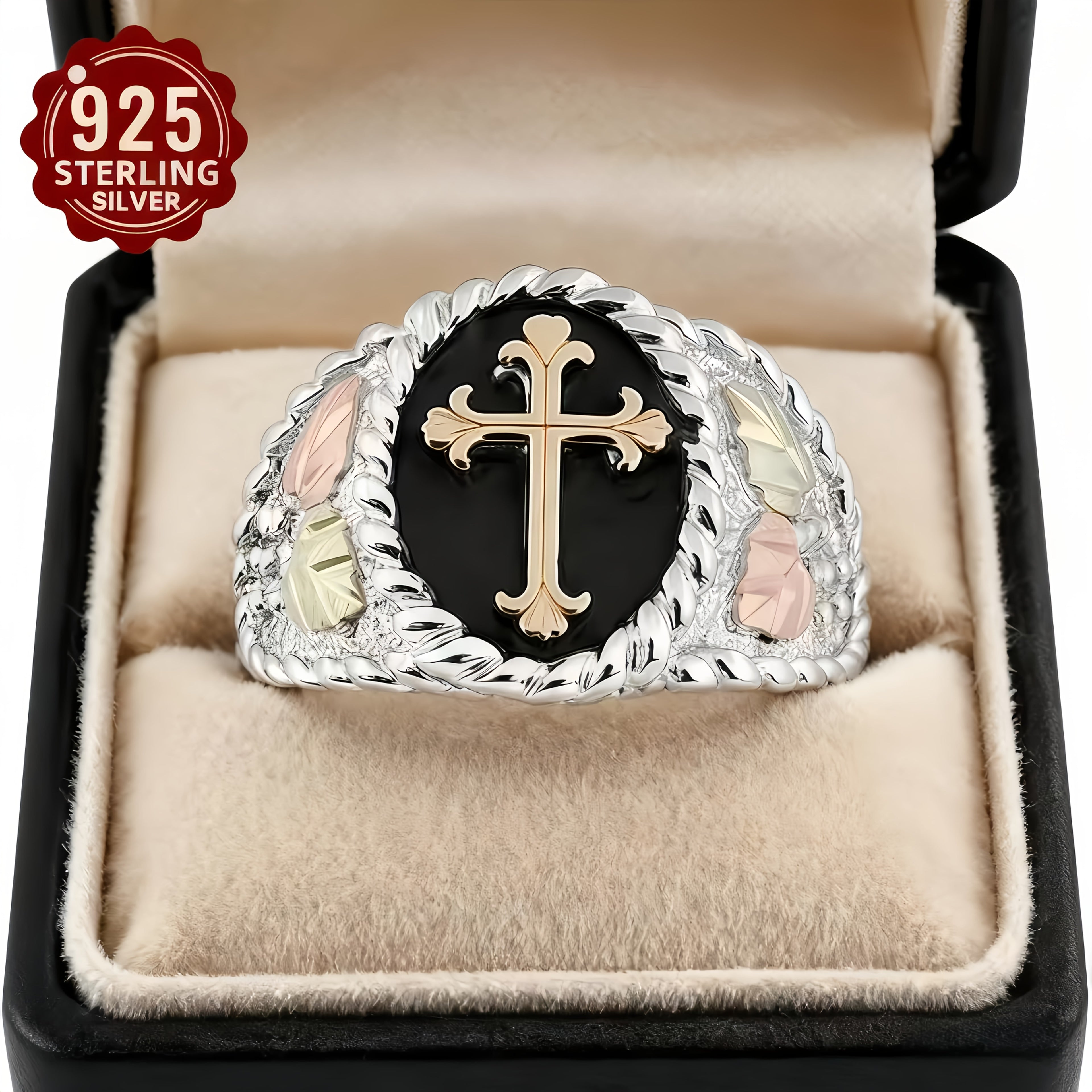 Elegant S925 925 Silver Leaf Cross Ring, Non-Fading, Hypoallergenic, Neutral Retro Punk Hip-Hop Gothic Style Accessory with Religious Symbol Theme, Suitable for Daily Wear And Party Gift Giving