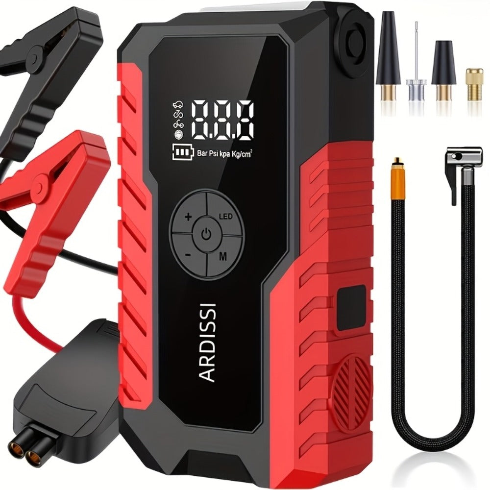 10000A 7-In-1 Multifunctional Emergency Jump Starter with 150PSI Air Pump, Digital Tire Inflator, Portable Car Battery Charger, Up to 2.64gal Gas/2.38gal Diesel, LED Emergency Light & USB Charging, Car Emergency Tool. Suitable As a Holiday Gift
