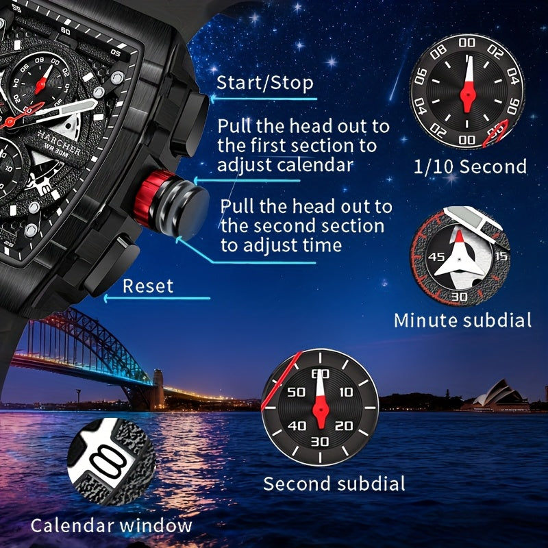 [Luxury Sport Watch] H Luxury Tonneau Sport Watch for Men - Luminous Waterproof Quartz Chronograph - Racing Style Silicone Band Wristwatch - 3ATM Waterproof High-Accuracy Multi-Functional Fashion Watch