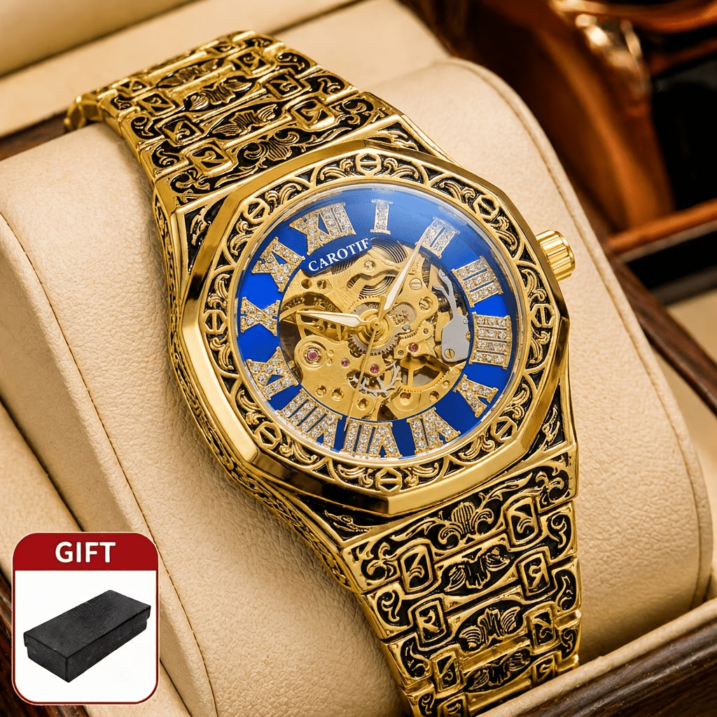 [Automatic Mechanical Watch] 1pcss Men's Golden Green Steel Belt Retro Style Classical Fashion Rose Carving Automatic Mechanical Watch, Without Battery