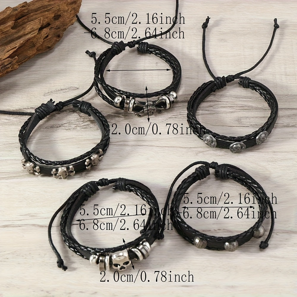 Random10/20/30pcs Punk Hip Hop Style Multi-layer Bracelet Set - Stainless Steel Skull, Cross & Star Elements, Vintage Black with Infinity Symbol, Chic Metal Dots Design, Creative Gift for Teens On Halloween, Thanksgiving, Father's Day & Graduation