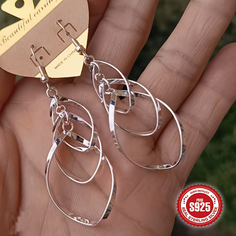 [Parties, Holidays] S925 Sterling Silver Boho-Inspired Teardrop Dangle Earrings - Twisted Wave Design, Double Layer, Perfect for Daily Wear, Parties, And Holidays, Everyday Earrings|Teardrop Dangle Earrings|Sterling Silver Earrings