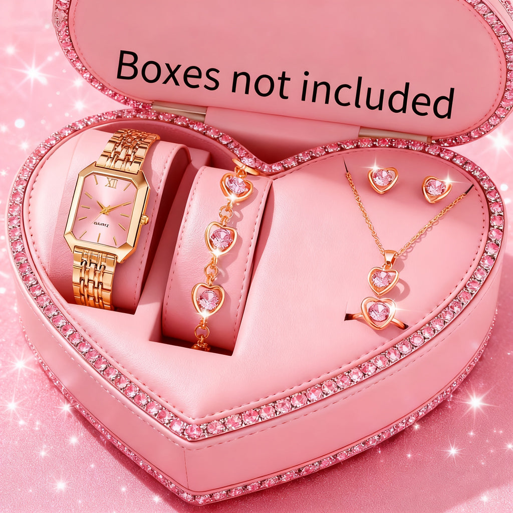6pcs/ set Elegant Minimalist watches for women, Quartz women'S watches, Square Dial ladies watches with Heart Pendant Necklace, Bracelet, Earrings, Ring, Best Choice for Women'S Gift, Suitable for All Occasions and Gifts, reloj de mujer.
