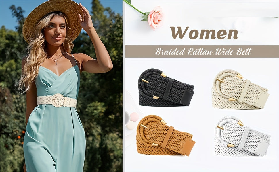 Women'S Braided Rattan Wide Belt Waist Belt with Half-Circle Buckle for Summer Dress Jeans Pants
