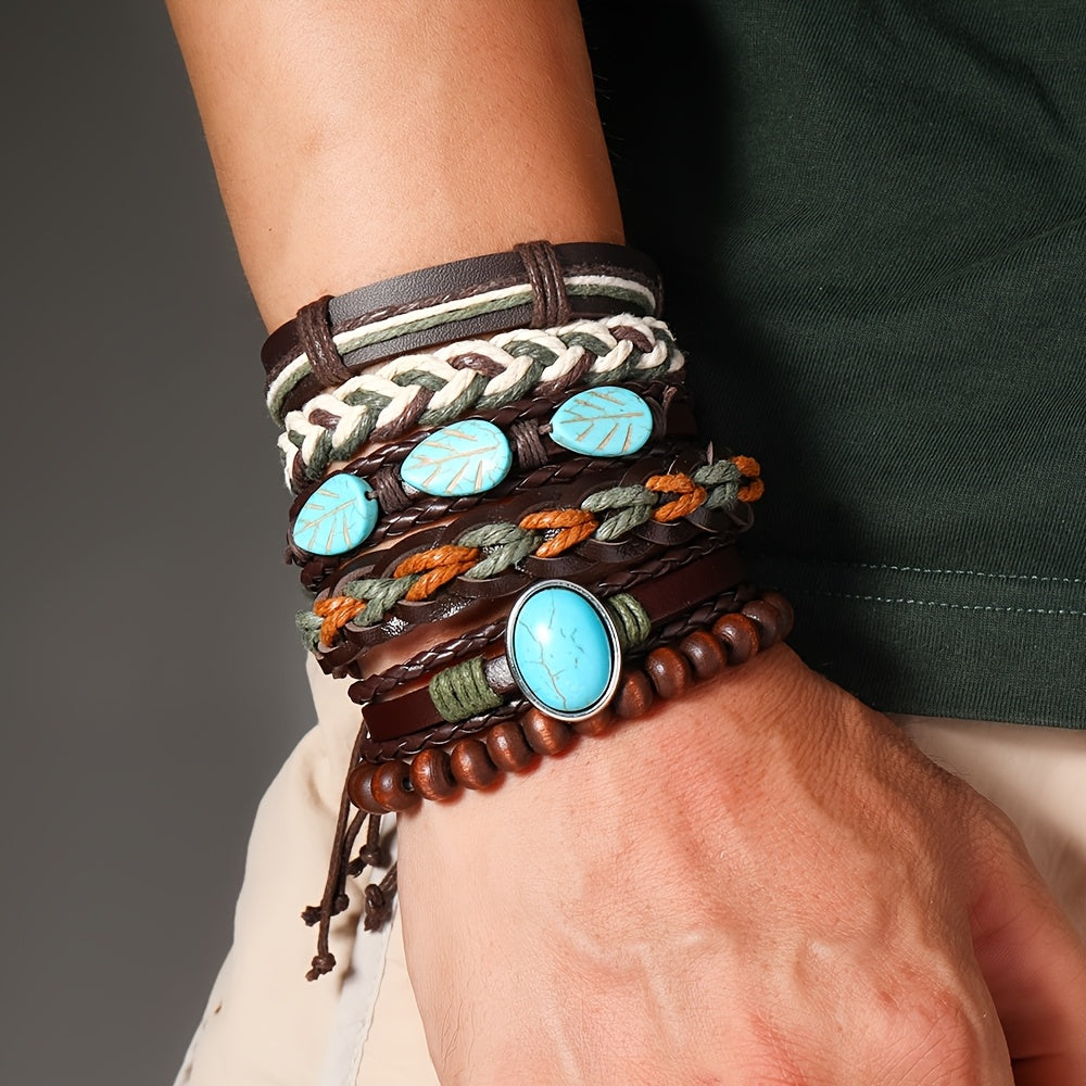 12/32/48pcs Mix Random Style Bohemian Vintage Western Pu Leather & Turquoise Beaded Bracelet Set, Multilayer Woven Faux Leather Bangle with Feather & Floral Charms, Unisex Fashion Jewelry for Women Men Daily Wear