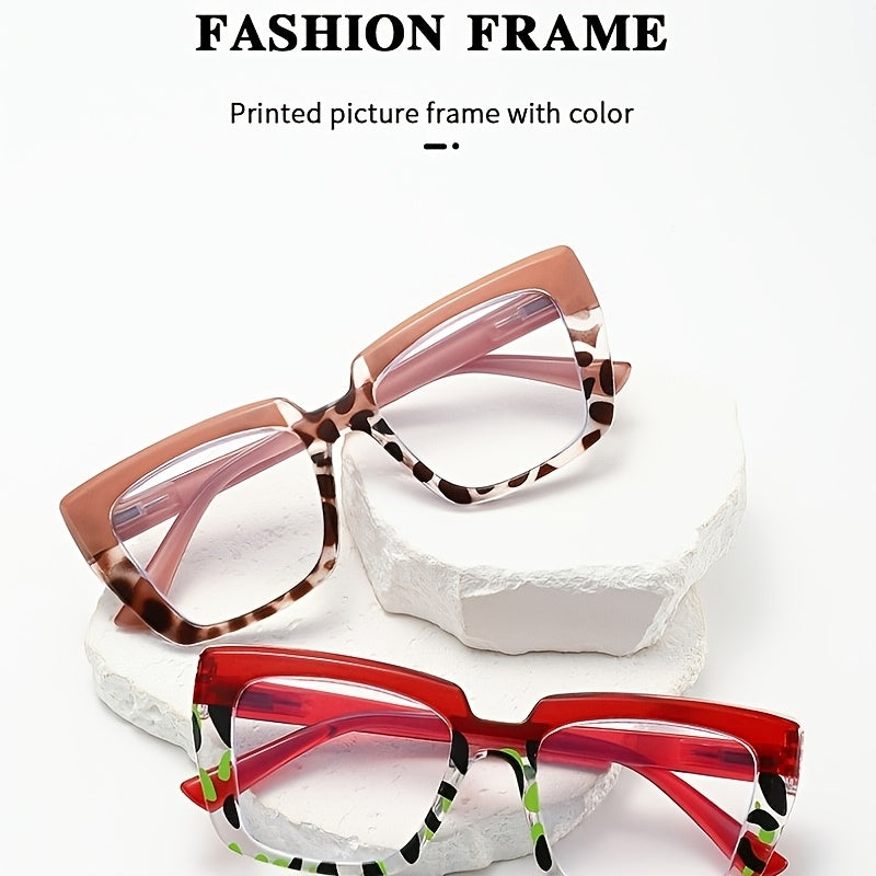 4pcs Fashionable Large Frame Ladies Reading Glasses Set | High-Definition Reading Lenses, Leopard Print Splicing And Classic Black Combination, Polycarbonate Frame, Meet Various Daily Trendy Matching