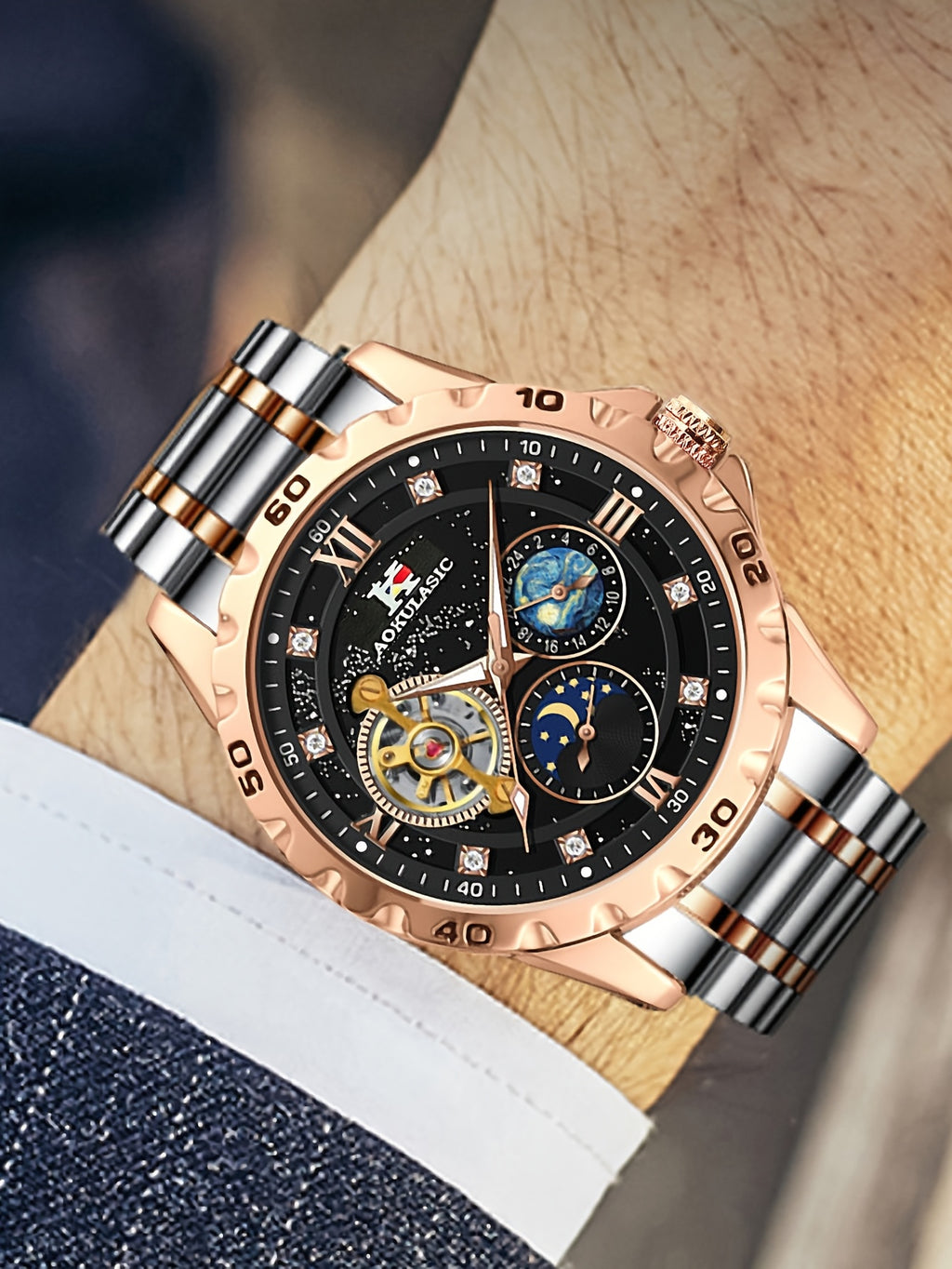 Top Brand Men Fashion Tourbillon Skeleton Automatic Mechanical Watch, Rose Golden Case Stainless Steel Strap, Iced Out Starry Sky Luminous Dial, Business Casual Mens Watches, 1pc, Gifts with Box