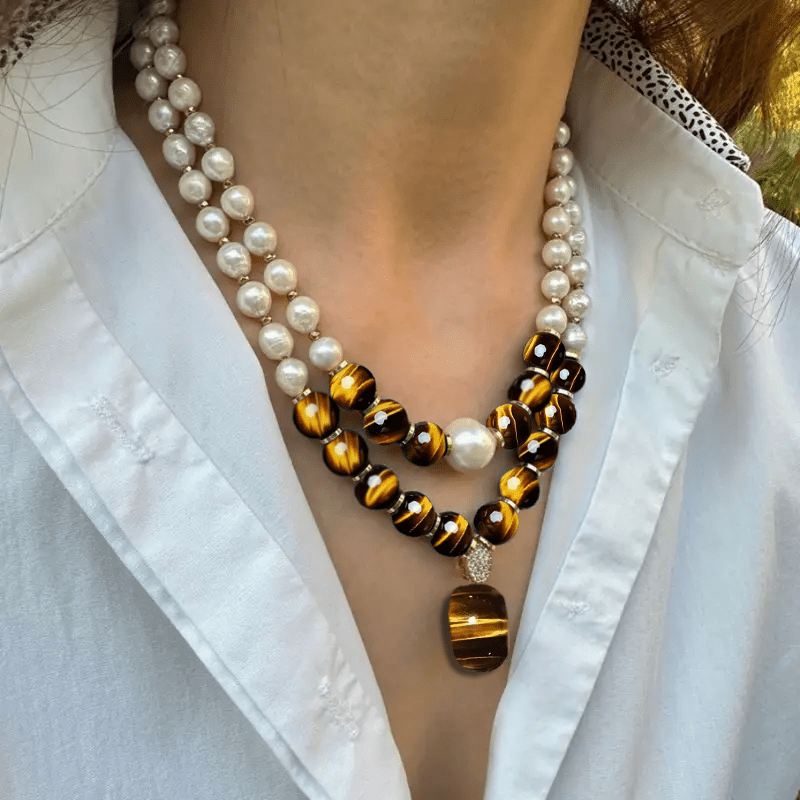 2pcs elegant and fashionable set necklace, natural tiger eye stone with freshwater Freshwater Pearls pendant necklace, best gift, Valentine's Day gift, suitable for daily life and party