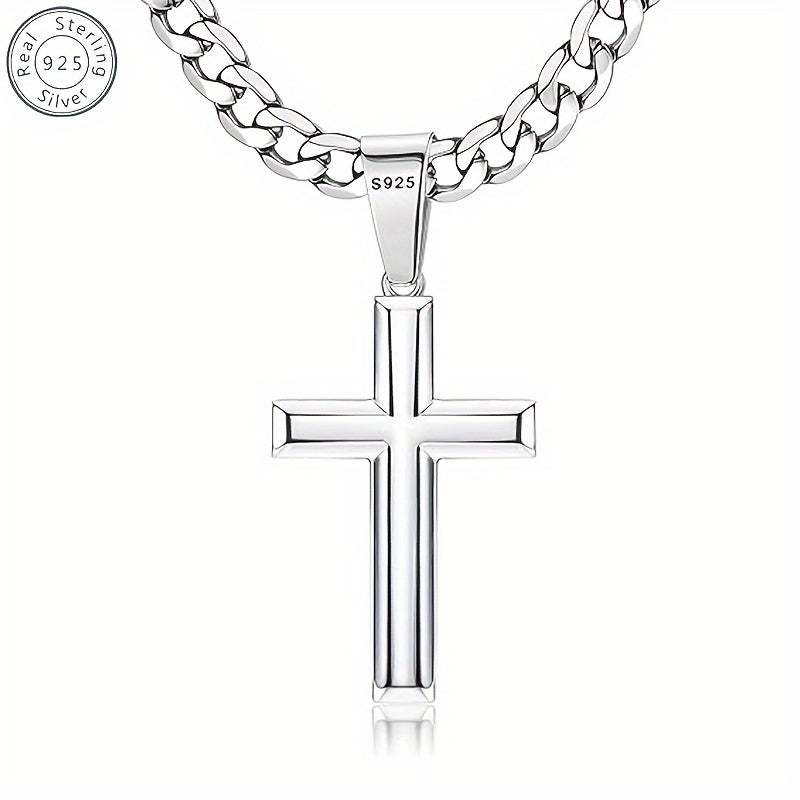 S925 Sterling Silvery (4g) 5mm Cuban Chain 24in Cross Pendant Necklace, Anniversary Christmas Gift, Gift Box