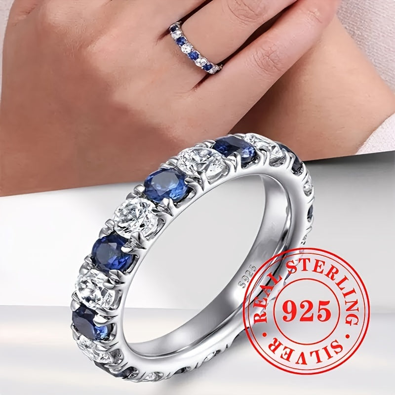 [Valentine's Day Gift] 925 Sterling Silver Easy And Fashionable Set With Blue And White Synthetic Zirconia Ring For Women's Vacation And Leisure Party Jewelry. Valentine's Day Gift For Loved Ones To Express Infinite Love