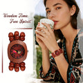 Women Wood Beaded Elastic Bracelet Band Watch Butterfly Dial Arabic Numerals Analog Quartz Boho Wristwatch