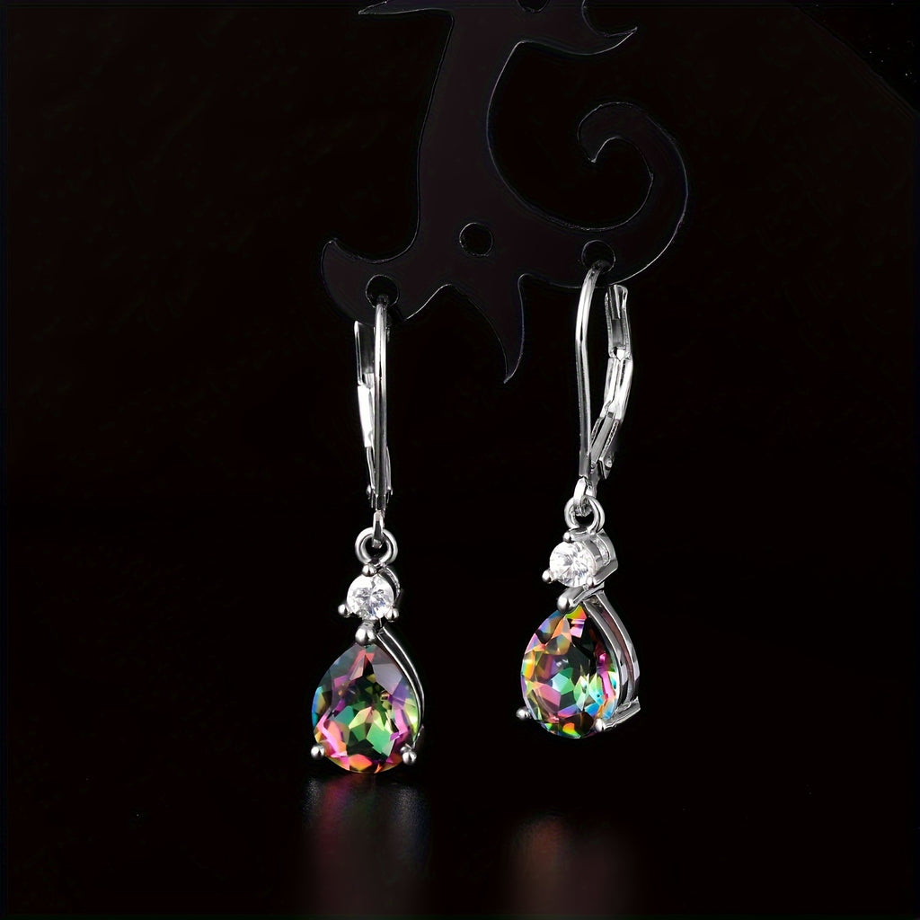925 Sterling Silvery Created Rainbow Quartz CZ Teardrop Leverback Earrings Drop Dangly Gemstone Earings Hypoallergenic Birthday Jewelry Gifts for Women
