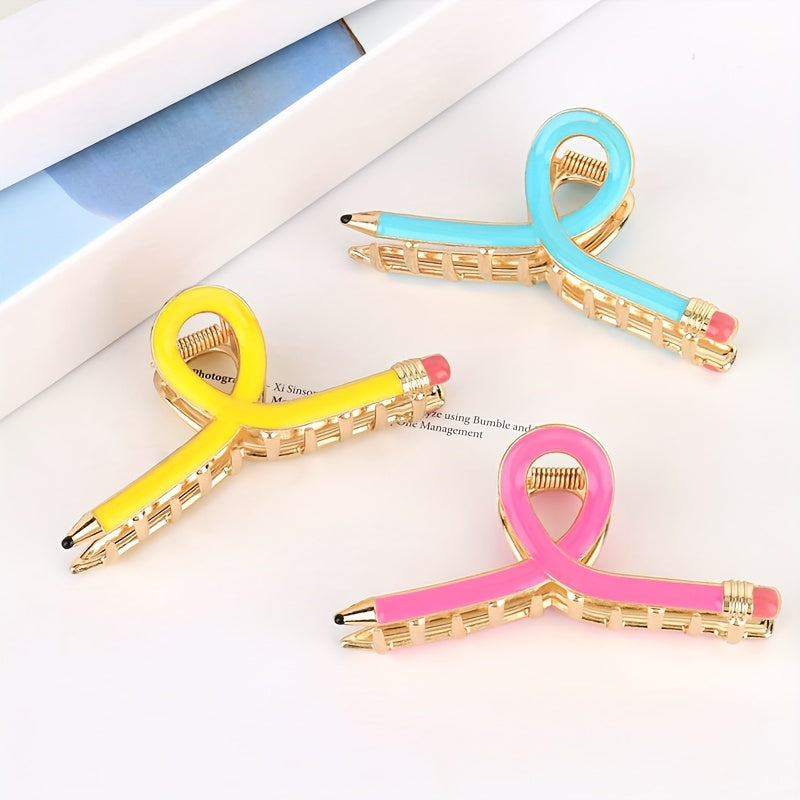 Set of 4 Women'S Pencil Hair Clips - Bright Yellow, Pink, And Light Blue Metal Clips, Suitable for Thick Or Thin Hair, Perfect for Teacher'S Day Gifts, Party & Christmas Outfit Additions, Featuring a Fun Design in The Shape of Colorful Pencils