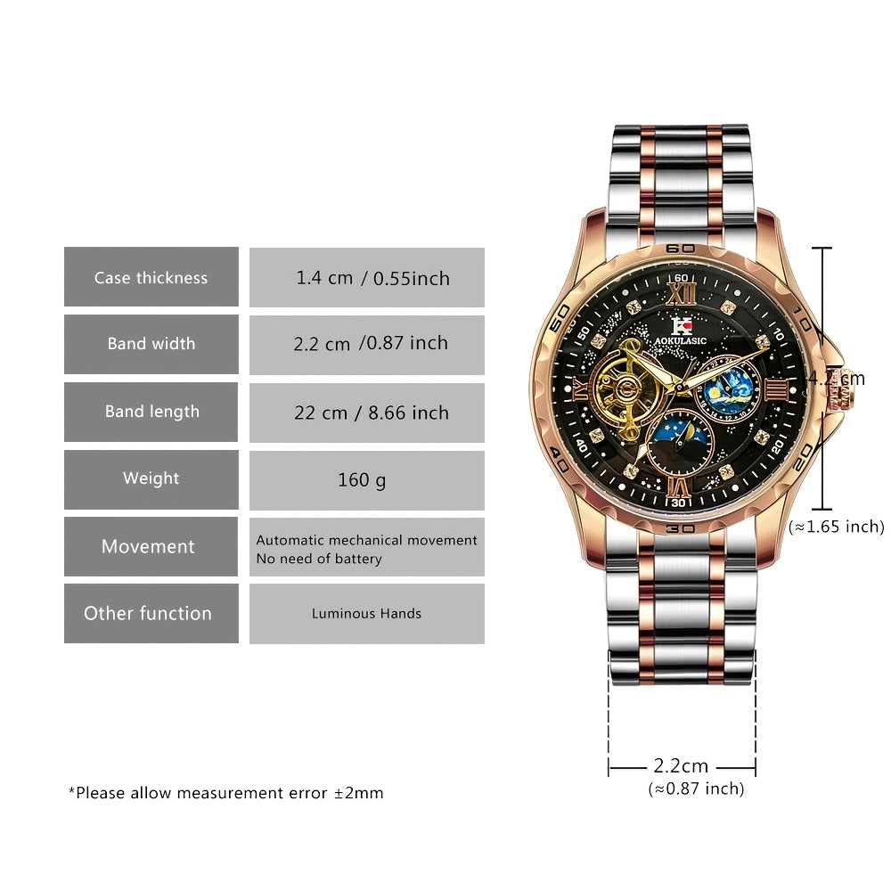Top Brand Men Fashion Tourbillon Skeleton Automatic Mechanical Watch, Rose Golden Case Stainless Steel Strap, Iced Out Starry Sky Luminous Dial, Business Casual Mens Watches, 1pc, Gifts with Box