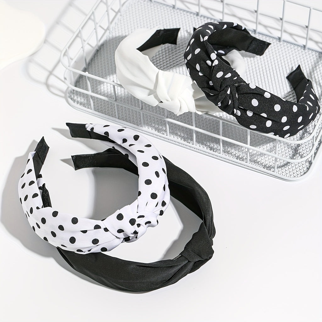 4pcs Women’s Knotted Headbands – Stylish Wide Brimmed Hair Accessories with Elegant Polka Dot Design in Black & White, Retro and Minimalist Look for Daily Wear, Cute Hair Accessories
