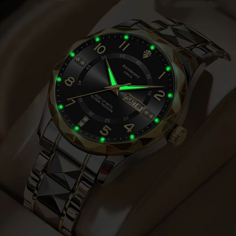 New BANBONY Brand Stainless Steel Quartz Watch Men's & Women's with Rhinestone-Embellished Simple Digital Round Dial, Luminous Display Multifunctional Fully Automatic Wristwatch for Casual Sports IPX7 Waterproof Holiday Birthday Family Party Gift