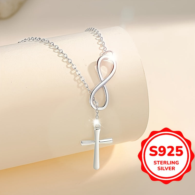 2PCSLuxurious S925 Pure Sterling Silver Infinity Lucky 8 Cross Pendant Necklace - Hypoallergenic, , Timeless Classic Style, Perfect For Daily Wear, Vacations, And Christmas Gifts, With Elegant Design And Sparkling Finish