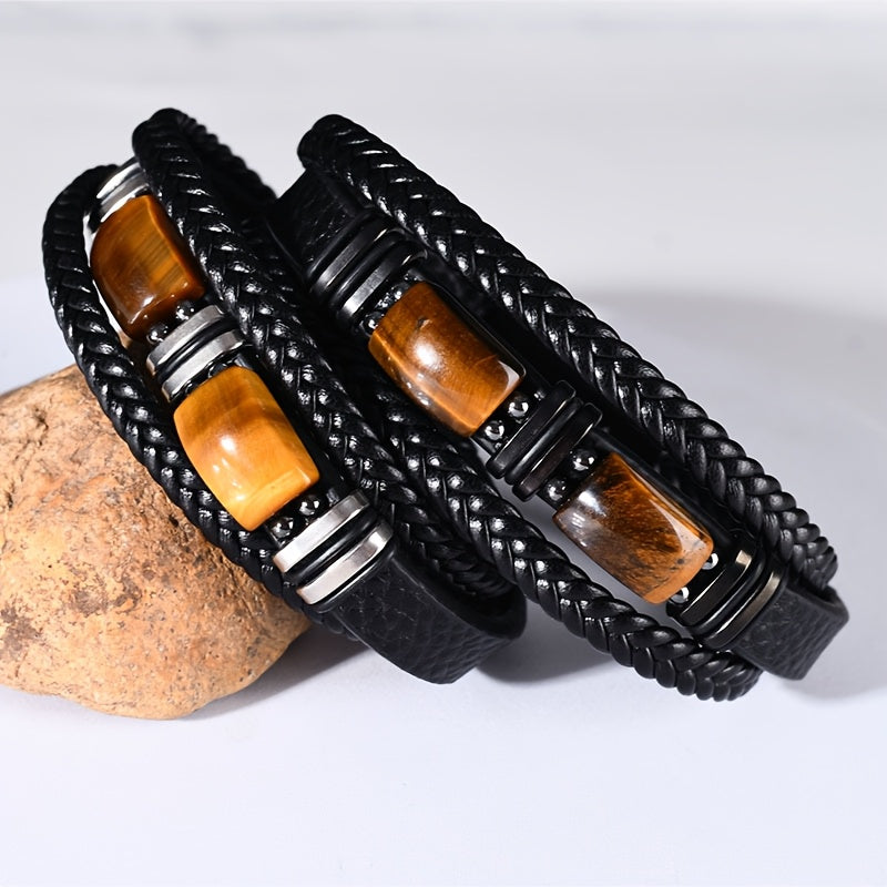 1pc Tiger Eye Stone Men'S Bracelet Natural Stone Protection Multilayer Braided Wristband Bangle Gifts For Him